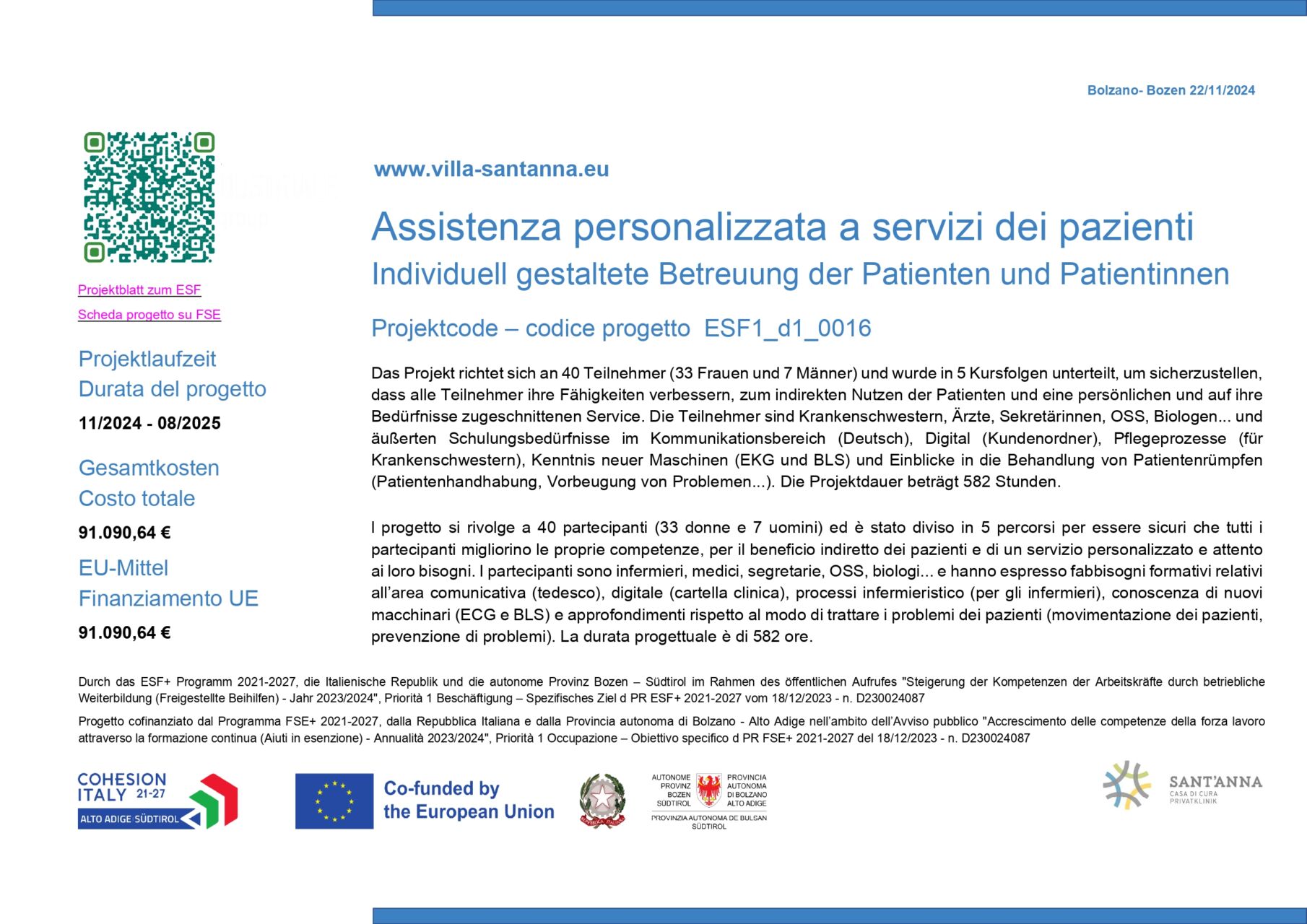 Formazione del personale: Assistenza personalizzata a servizio dei pazienti (ESF1_d1_0016) St. Anna Formazione cofinanziata FSE immagine News sito web page 0001